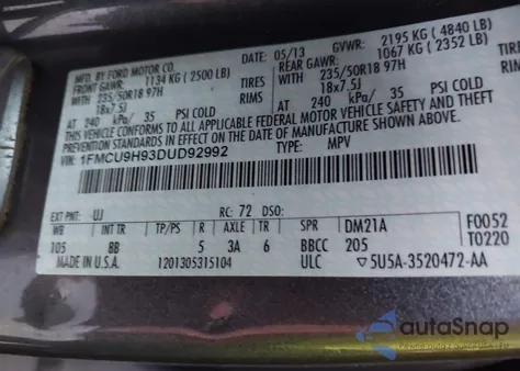 2013 Ford Escape Sel z USA, uszkodzony, nr VIN 1FMCU9H93DUD92992